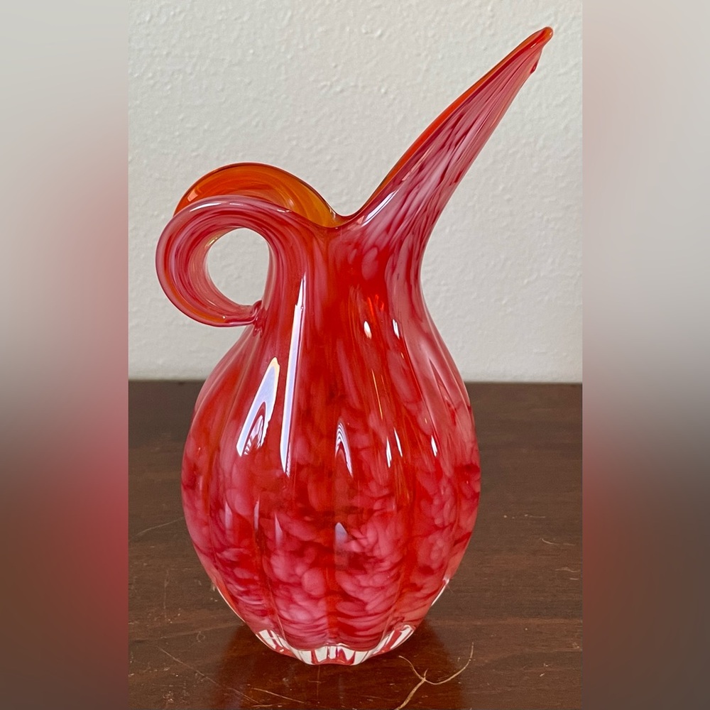 Vintage Possibly Lefton Red Orange Swirl Hand Blown Vase Pitcher Swung Glass Art